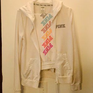 White PINK Zip Up Hoodie & Matching Pants